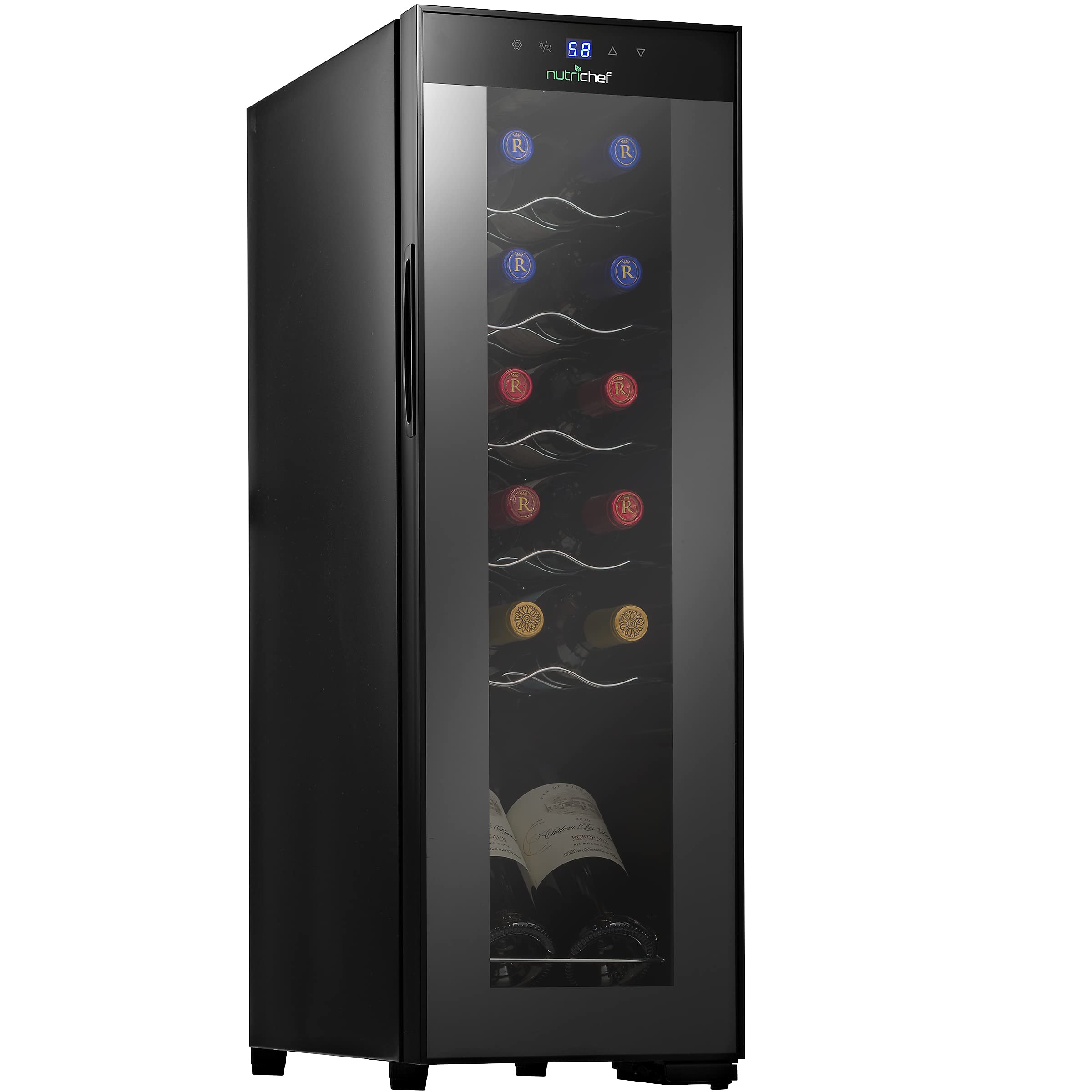 NutriChef PKCWC120 White & Red Cooler-Freestanding Countertop Compact Mini Wine Fridge Chiller 12 Bottle Capacity Digital Control Glass Door Black