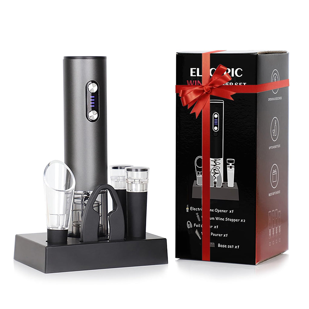 Electric Wine Opener Set – Rechargeable Wine Bottle Opener Kit with Foil Cutter Vacuum Stoppers and Wine Pourer – Best Wine Gift Set Fancy Wine Opener for Wine Lovers and Parties