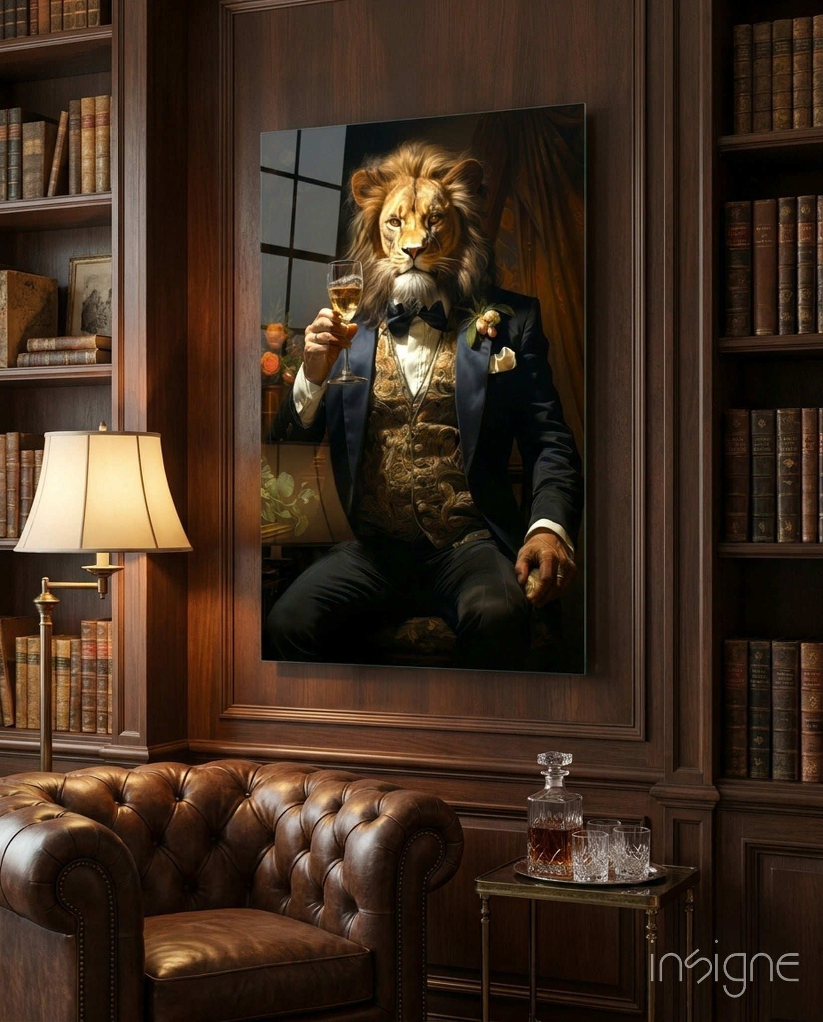 Tuxedo Lion with Wine by Window Glass Wall Art