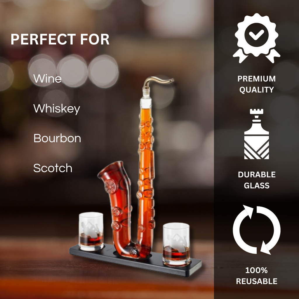 Saxophone Whiskey Wine Decanter 34 Oz Decanter Set With Two 10 Oz Whisky Glasses Bourbon Scotch Liqu-2