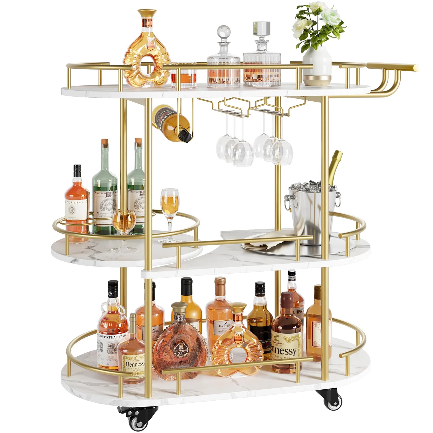 Gold Bar Carts with 4-Tiers Storage Shelves Mobile Bar Seving Carts On Wheels with Wine Rack and Glass Holder for Kitchen
