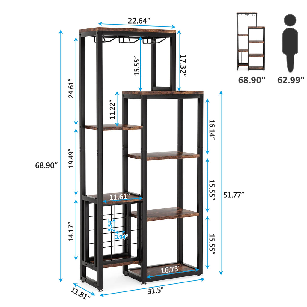 Tribesigns Wine Rack Freestanding Floor, 5-Tier Wine Baker Rack with Glass Holder & Wine Storage, Industrial Wine Display Shelf