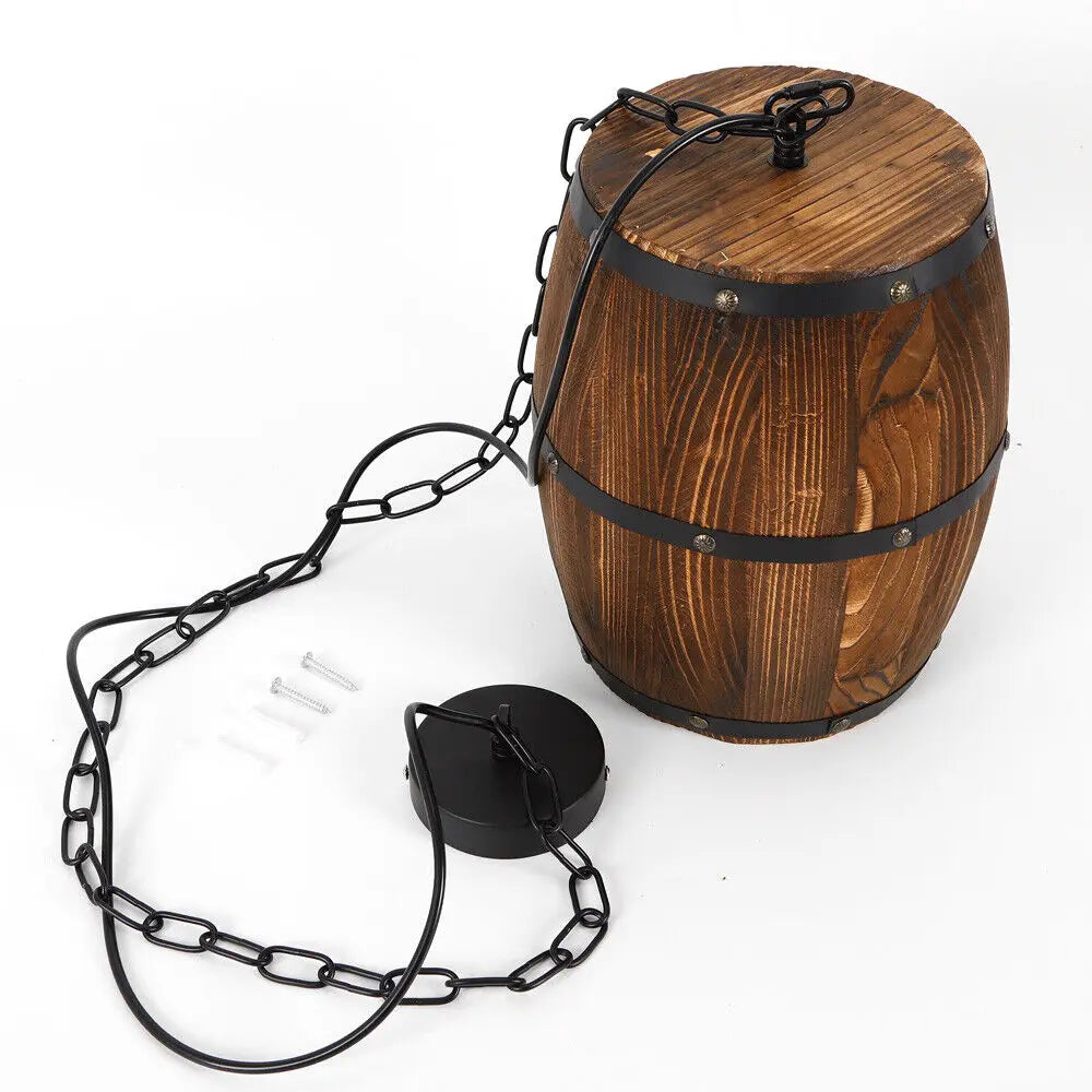 Hanging Vintage Wine Barrel Light Wooden Rustic Old West Cafe Bar Ceiling Lamp