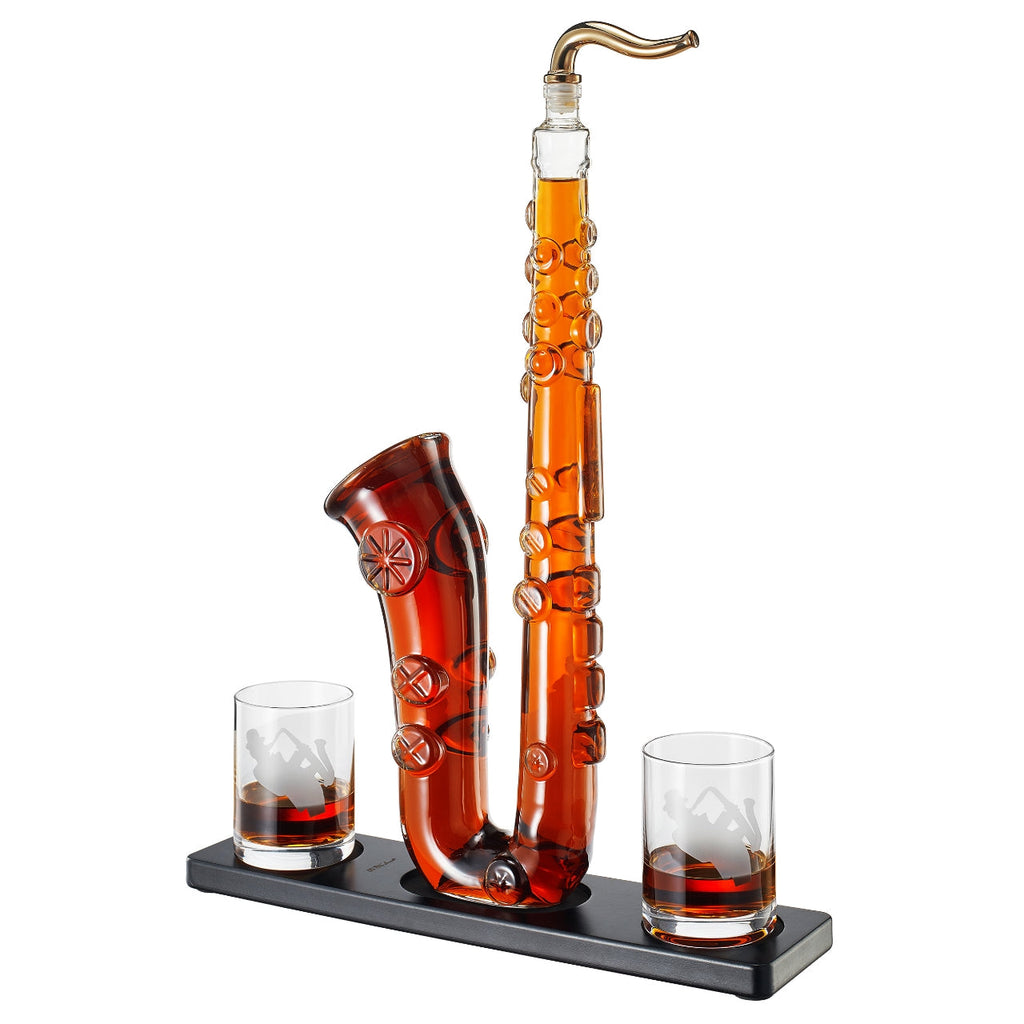 Saxophone Whiskey Wine Decanter 34 Oz Decanter Set With Two 10 Oz Whisky Glasses Bourbon Scotch Liqu-0