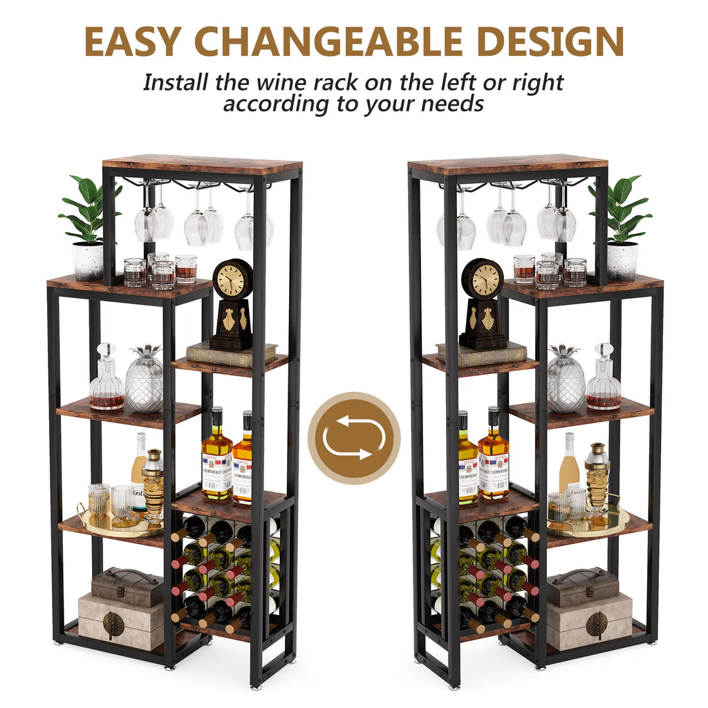 Tribesigns Wine Rack Freestanding Floor, 5-Tier Wine Baker Rack with Glass Holder & Wine Storage, Industrial Wine Display Shelf