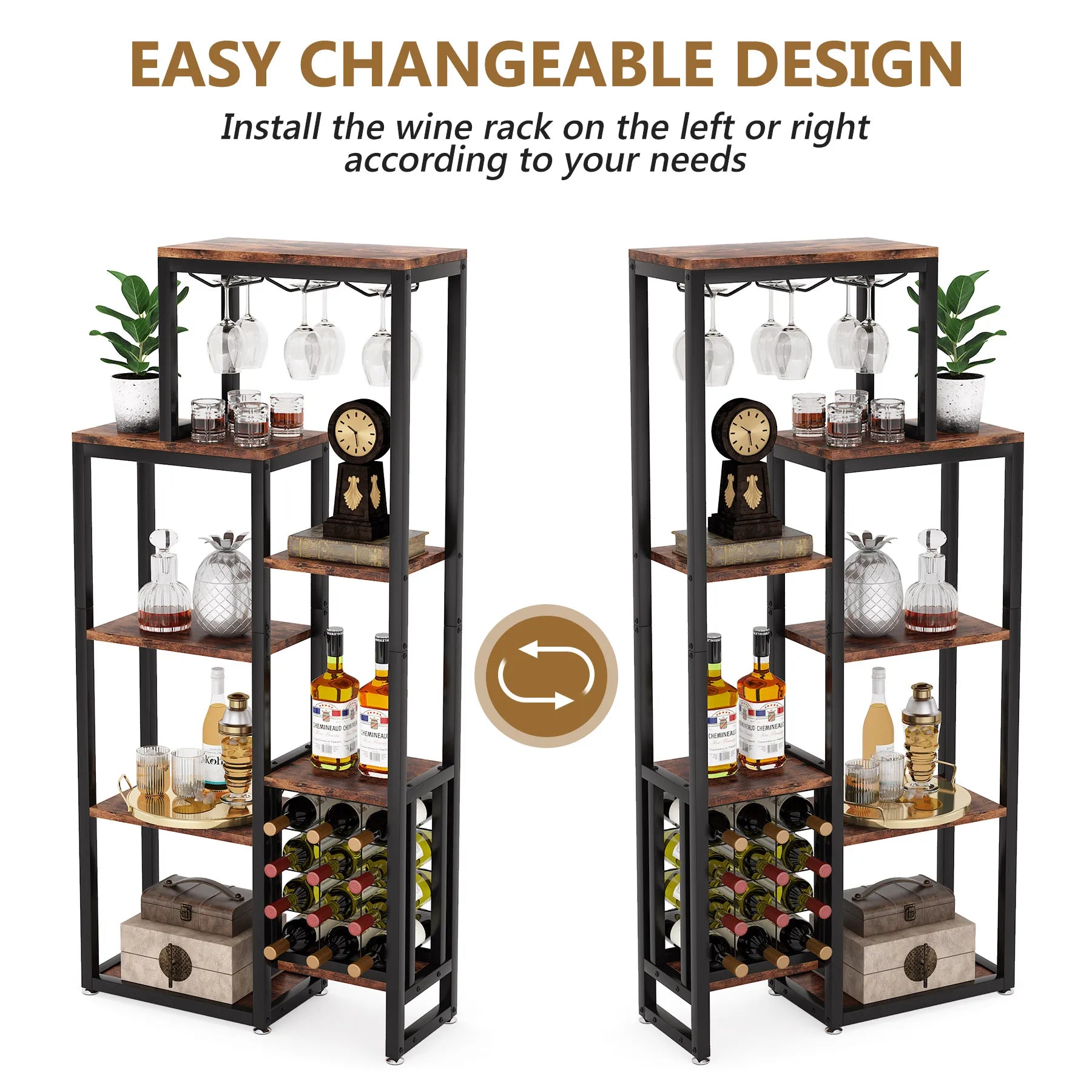 Tribesigns Wine Rack Freestanding Floor, 5-Tier Wine Baker Rack with Glass Holder & Wine Storage, Industrial Wine Display Shelf