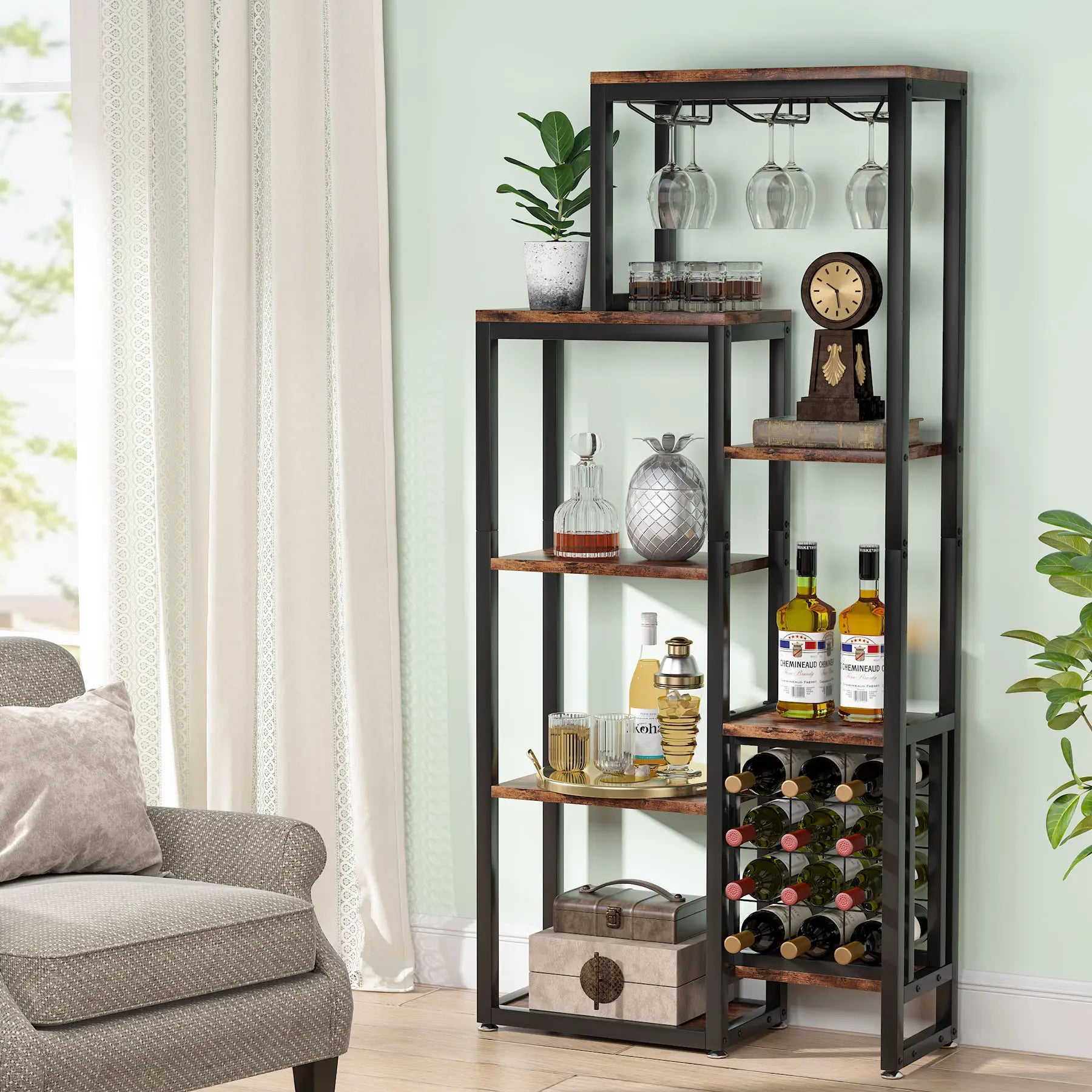 Tribesigns Wine Rack Freestanding Floor, 5-Tier Wine Baker Rack with Glass Holder & Wine Storage, Industrial Wine Display Shelf