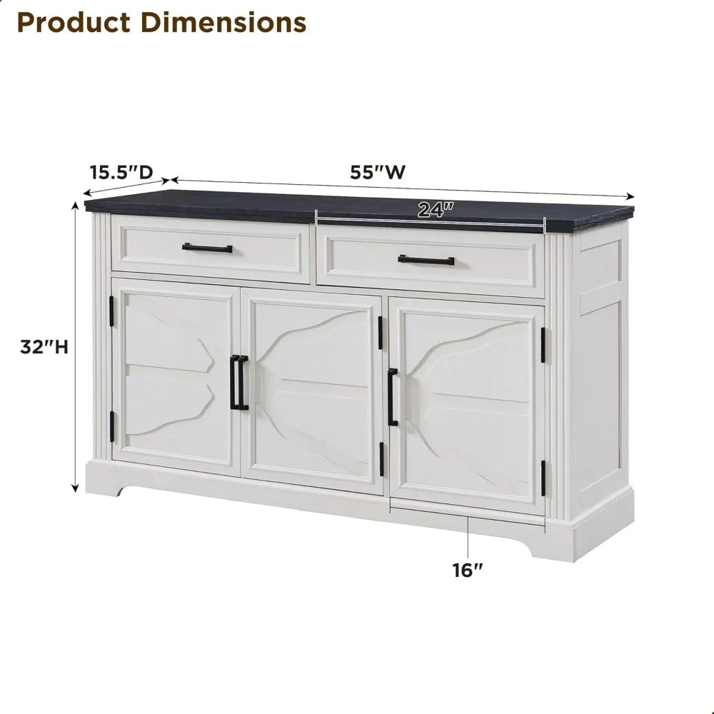 Large 55 Buffet Sideboard Cabinet with 3 Doors and 2 Drawers - Dining Room Storage for Wine and Coffee Bars