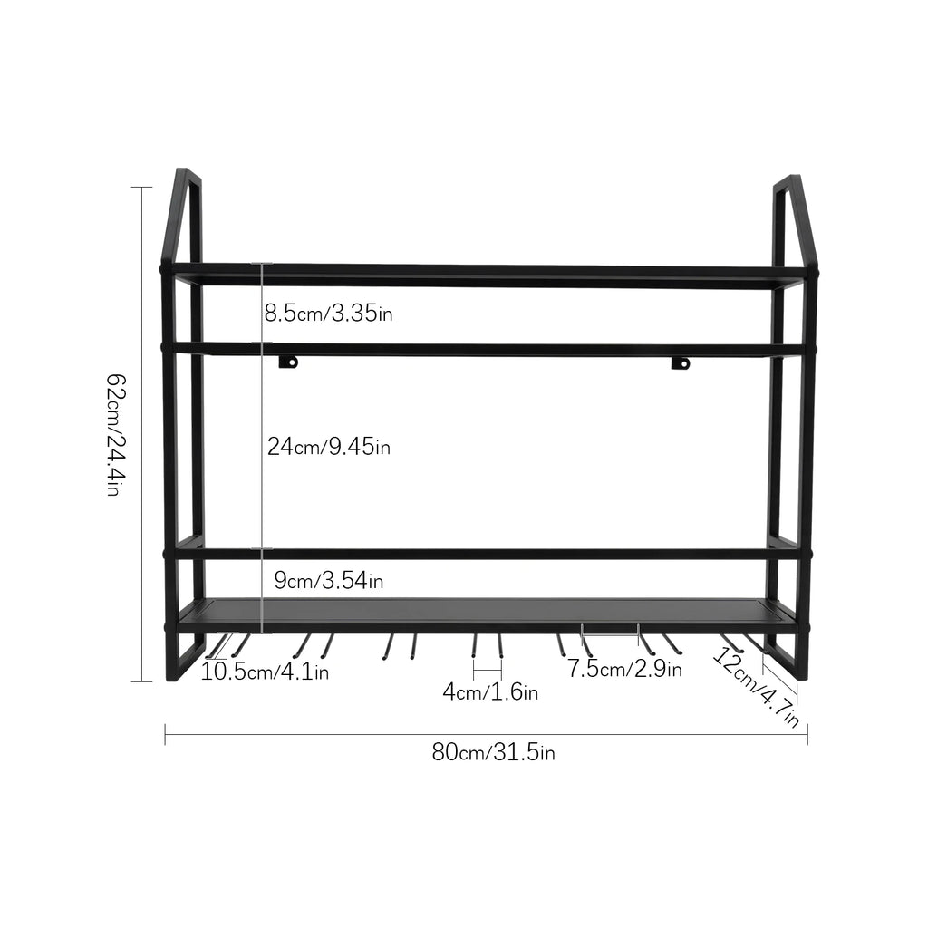 Wall Mounted Wine Rack Glass Holder 12 Bottles 7 Goblet Metal Shelf 2 Layer for Home Bar, 80cm Black