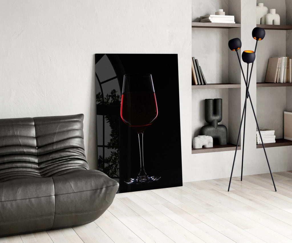 Half Filled Red Wine Glass on Black Glass Wall Art