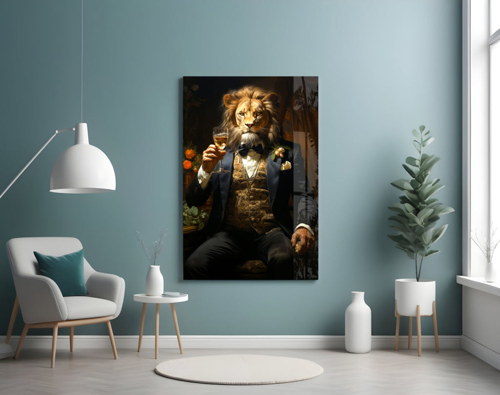 Tuxedo Lion with Wine by Window Glass Wall Art