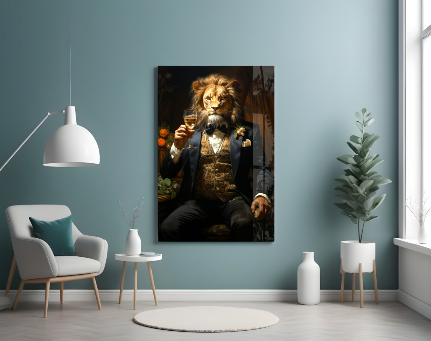 Tuxedo Lion with Wine by Window Glass Wall Art