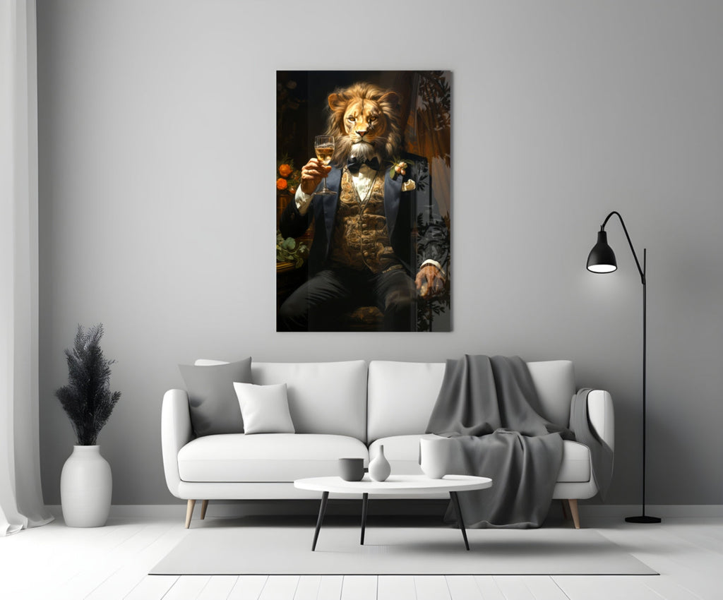 Tuxedo Lion with Wine by Window Glass Wall Art